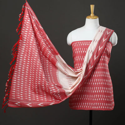 Red - Pink - 3pc Cotton Handloom Pochampally Ikat Dress Material 09