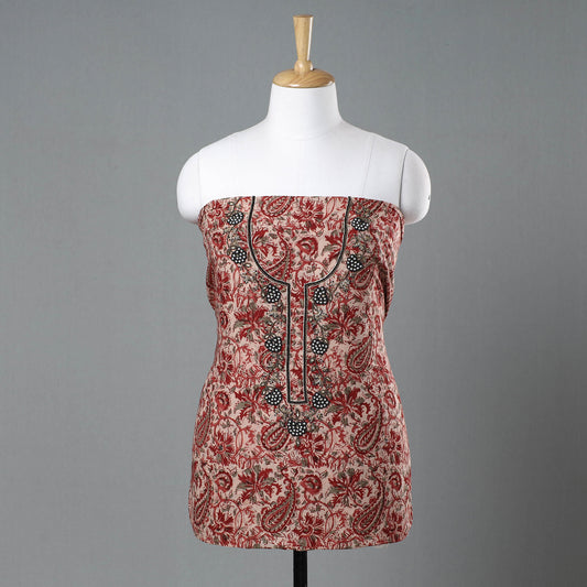Red - Kalamkari Block Printed Kundan & Bead Work Hand Embroidery Cotton Kurti Material - 2.5 Meter