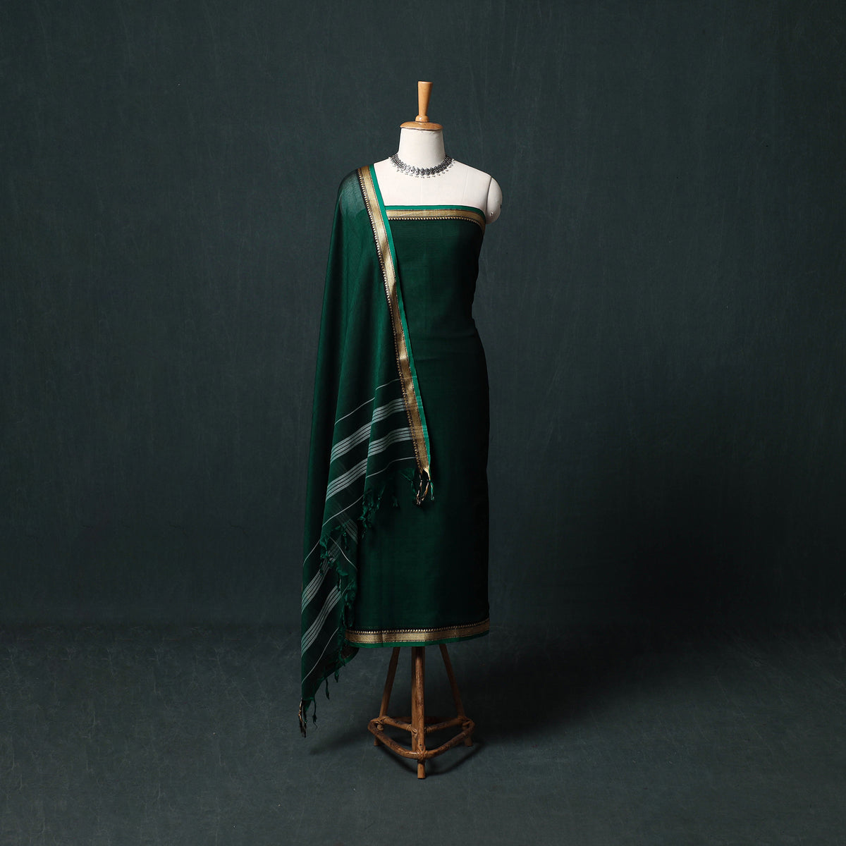Green - Dharwad Mercerised Cotton 3pc Unstitched Dress Material Suit Set 11