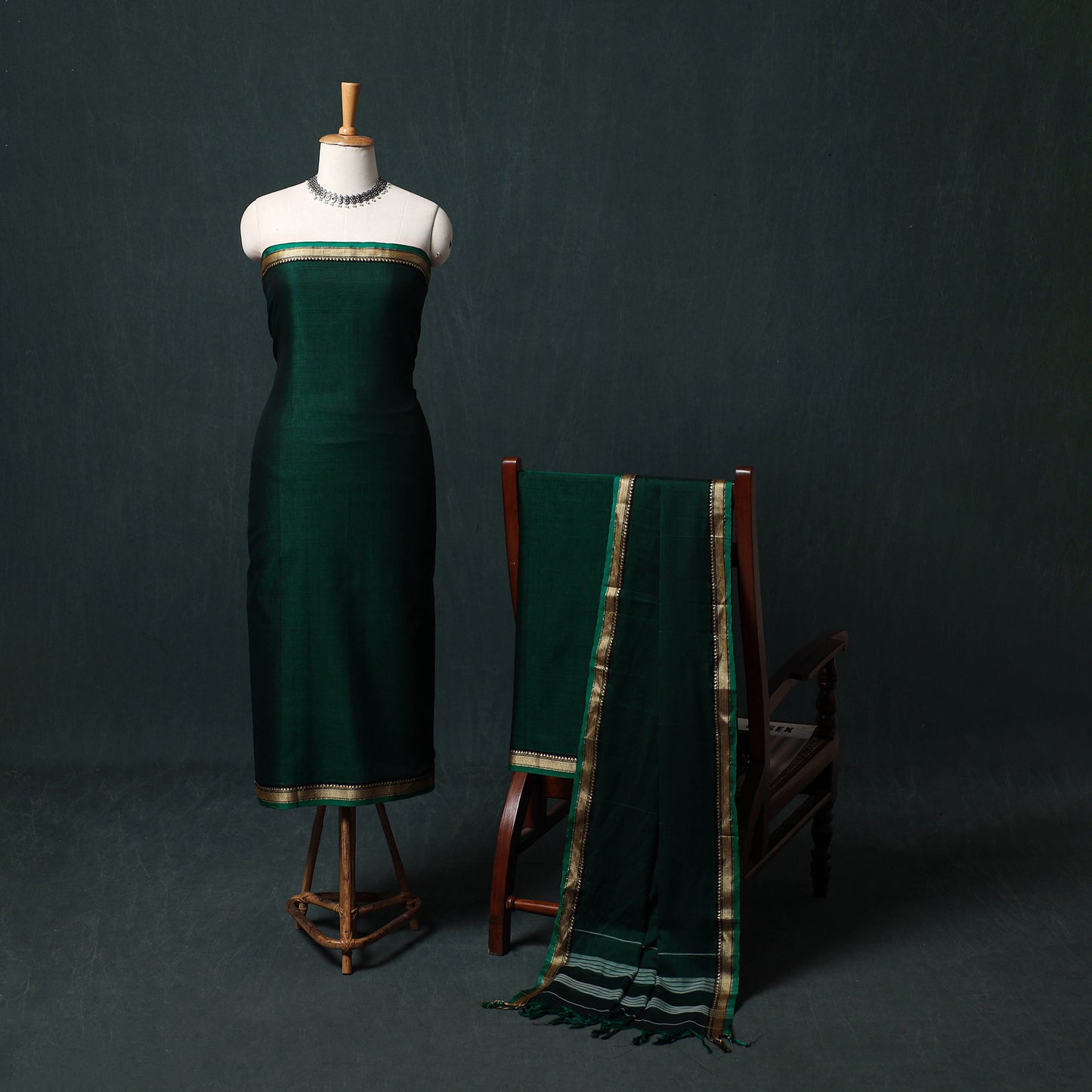 Green - Dharwad Mercerised Cotton 3pc Unstitched Dress Material Suit Set 11