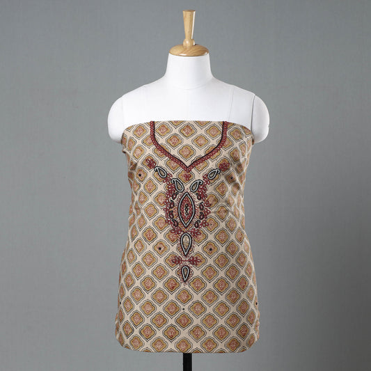 Beige - Kalamkari Block Printed Kundan & Bead Work Hand Embroidery Cotton Kurta Material - 2.6 Meter
