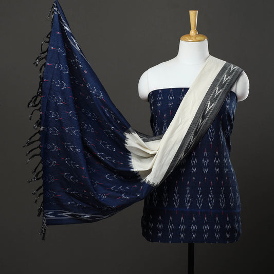 Blue - 3pc Cotton Handloom Pochampally Ikat Dress Material 19