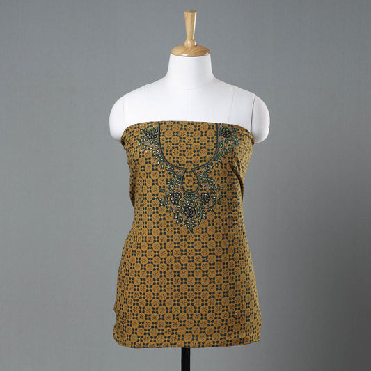 Yellow - Ajrakh Block Printed Kundan & Bead Work Hand Embroidery Cotton Kurti Material - 2.7 Meter