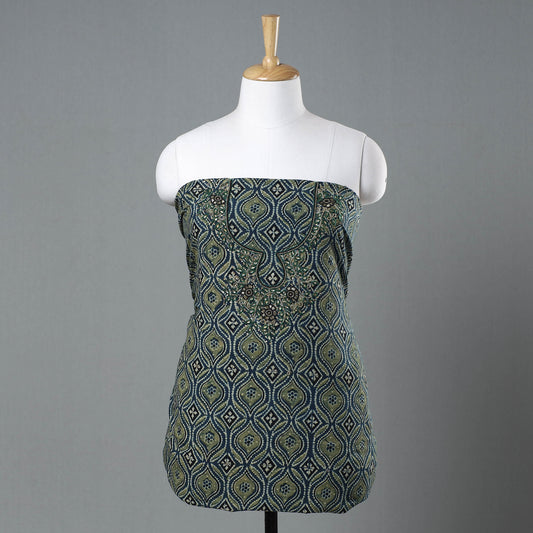 Blue - Ajrakh Block Printed Kundan & Bead Work Hand Embroidery Cotton Kurti Material - 2.75 Meter