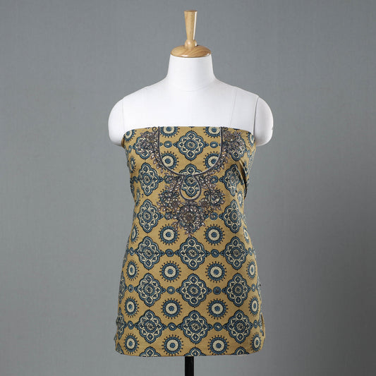 Yellow - Ajrakh Block Printed Kundan & Bead Work Hand Embroidery Cotton Kurti Material - 2.6 Meter