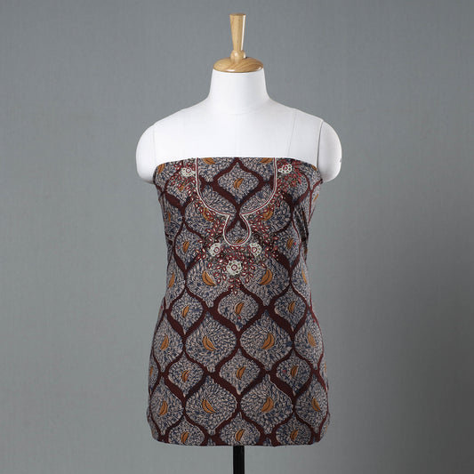 Brown - Kalamkari Block Printed Kundan & Bead Work Hand Embroidery Cotton Kurta Material - 2.6 Meter