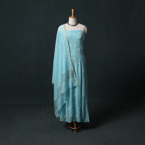 Mul Chanderi Semi Stitched Heavy Hand Embroidered Beadwork 2pc Anarkali Chikankari Kurta Set 01