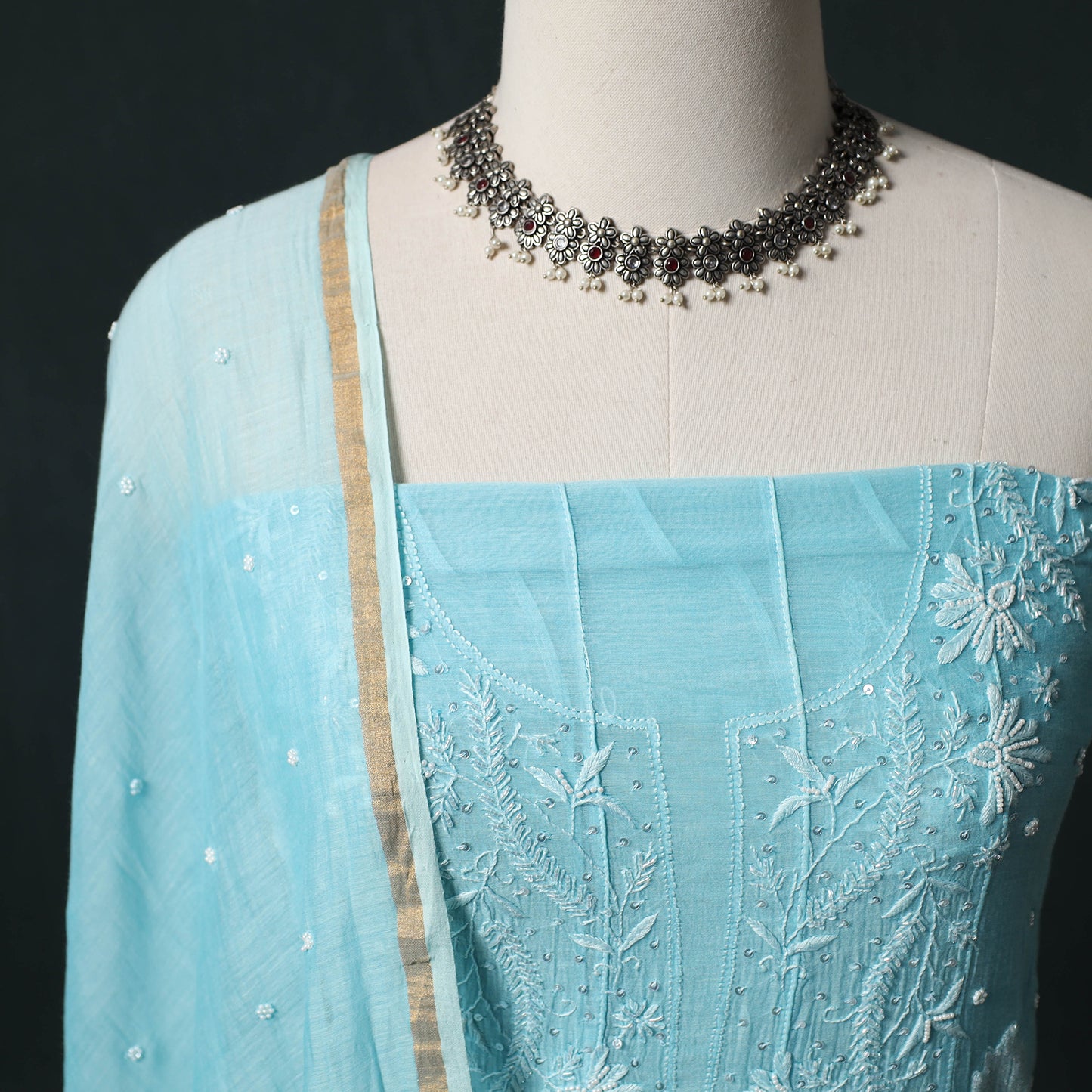 Mul Chanderi Semi Stitched Heavy Hand Embroidered Beadwork 2pc Anarkali Chikankari Kurta Set 01