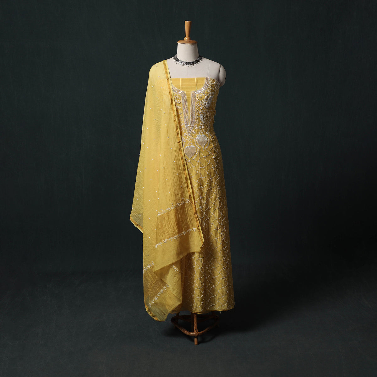 Mul Chanderi Semi Stitched Heavy Hand Embroidered Beadwork 2pc Anarkali Chikankari Kurta Set 02