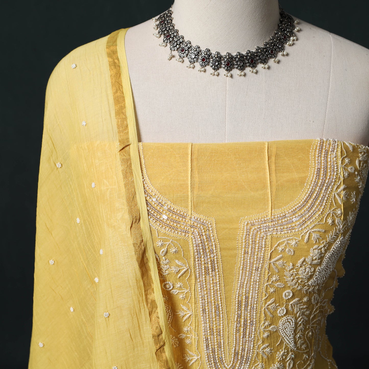 Mul Chanderi Semi Stitched Heavy Hand Embroidered Beadwork 2pc Anarkali Chikankari Kurta Set 02