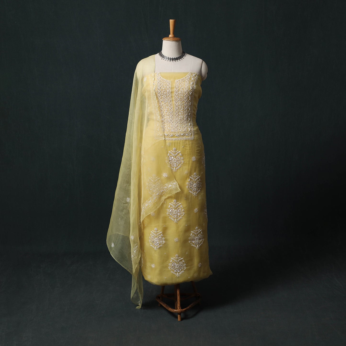 Pure Organza Silk Unstitched Heavy Hand Embroidered Beadwork 2pc Chikankari Kurta Set 03