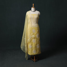 Pure Organza Silk Unstitched Heavy Hand Embroidered Beadwork 2pc Chikankari Kurta Set 03