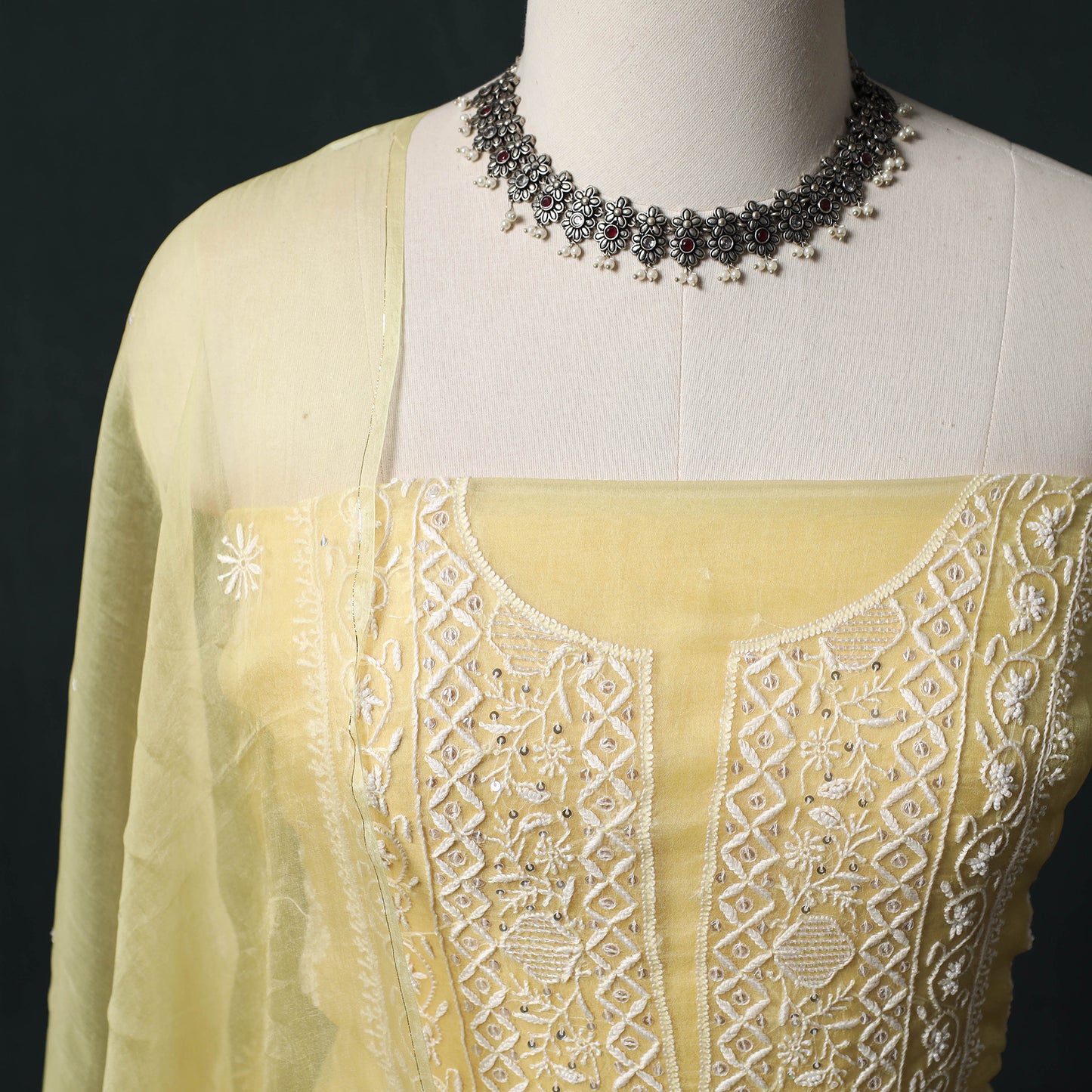 Pure Organza Silk Unstitched Heavy Hand Embroidered Beadwork 2pc Chikankari Kurta Set 03