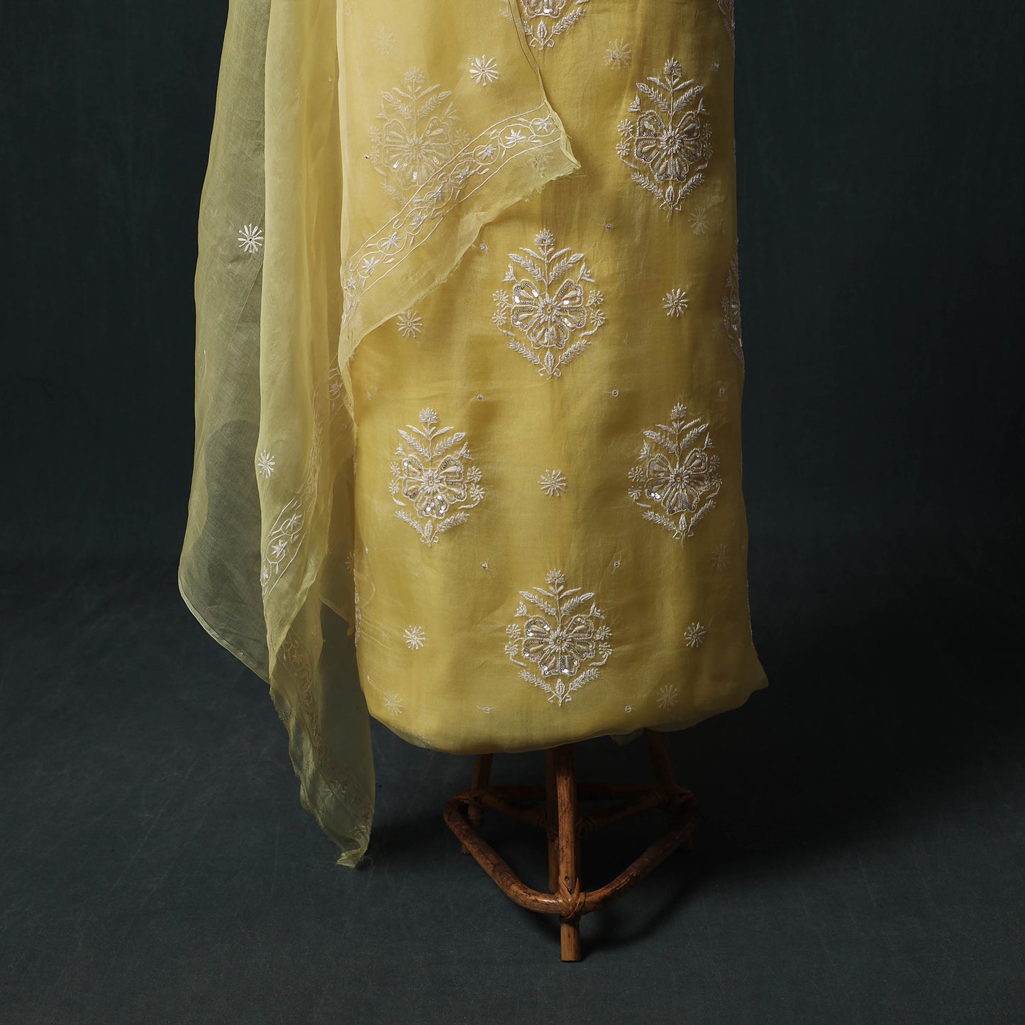 Pure Organza Silk Unstitched Heavy Hand Embroidered Beadwork 2pc Chikankari Kurta Set 03