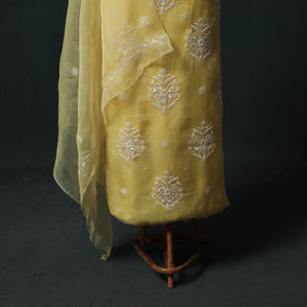 Pure Organza Silk Unstitched Heavy Hand Embroidered Beadwork 2pc Chikankari Kurta Set 03