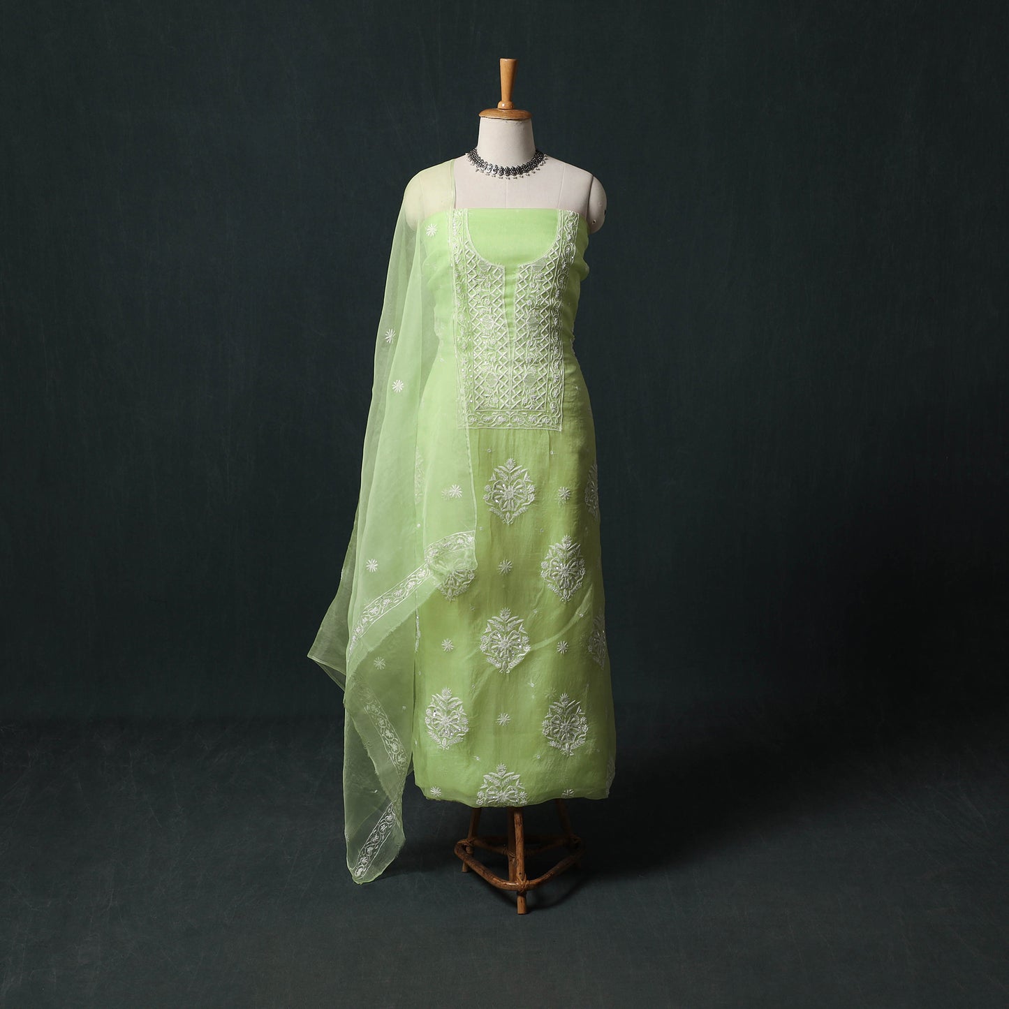 Pure Organza Silk Unstitched Heavy Hand Embroidered Beadwork 2pc Chikankari Kurta Set 04