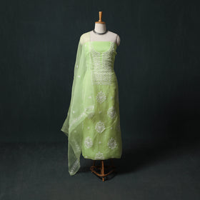 Pure Organza Silk Unstitched Heavy Hand Embroidered Beadwork 2pc Chikankari Kurta Set 04