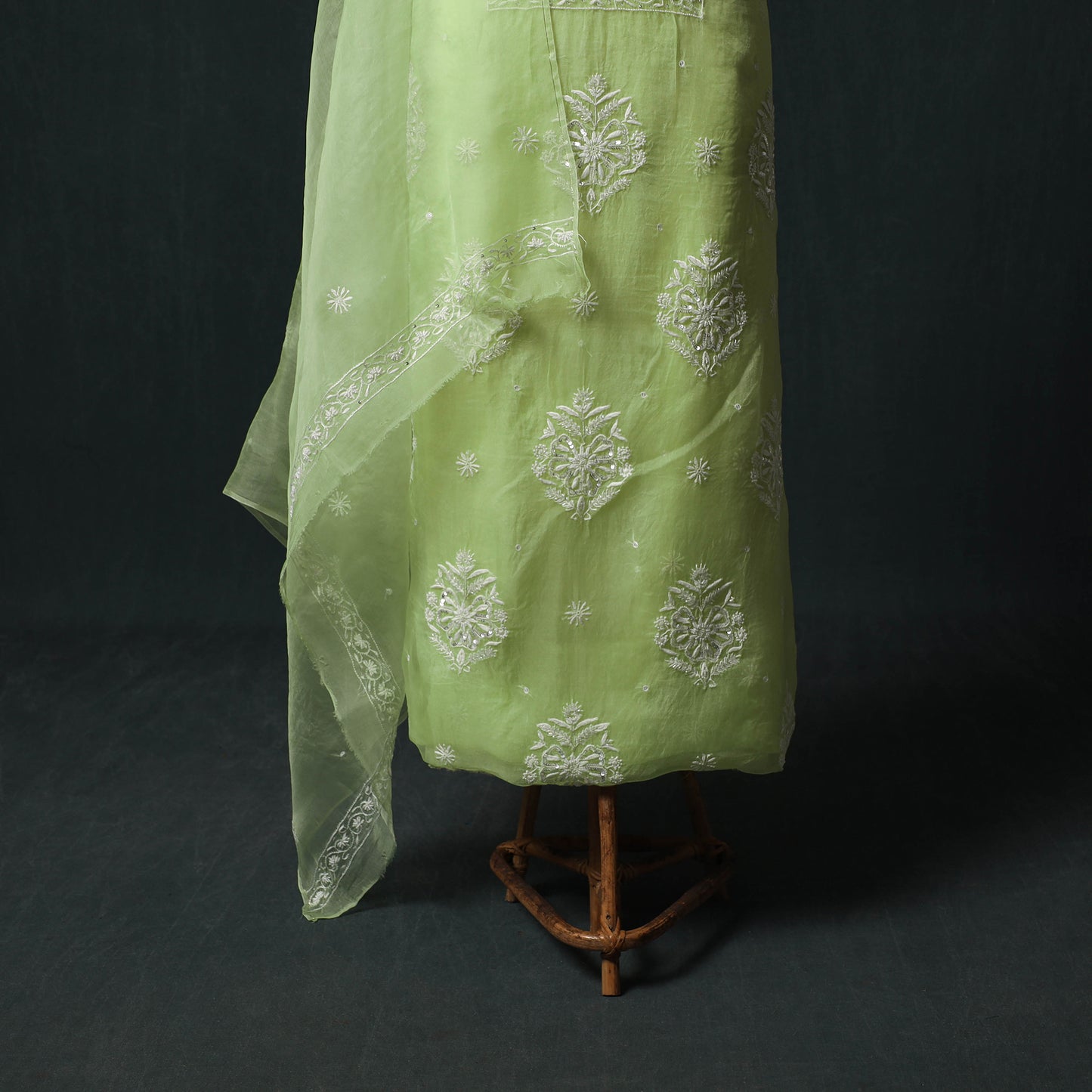 Pure Organza Silk Unstitched Heavy Hand Embroidered Beadwork 2pc Chikankari Kurta Set 04