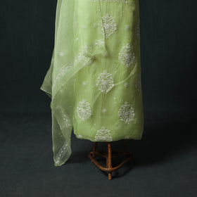 Pure Organza Silk Unstitched Heavy Hand Embroidered Beadwork 2pc Chikankari Kurta Set 04
