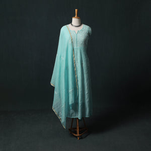 Mul Chanderi Semi Stitched Mukaish Work Hand Embroidered 2pc Anarkali Chikankari Kurta Set 08
