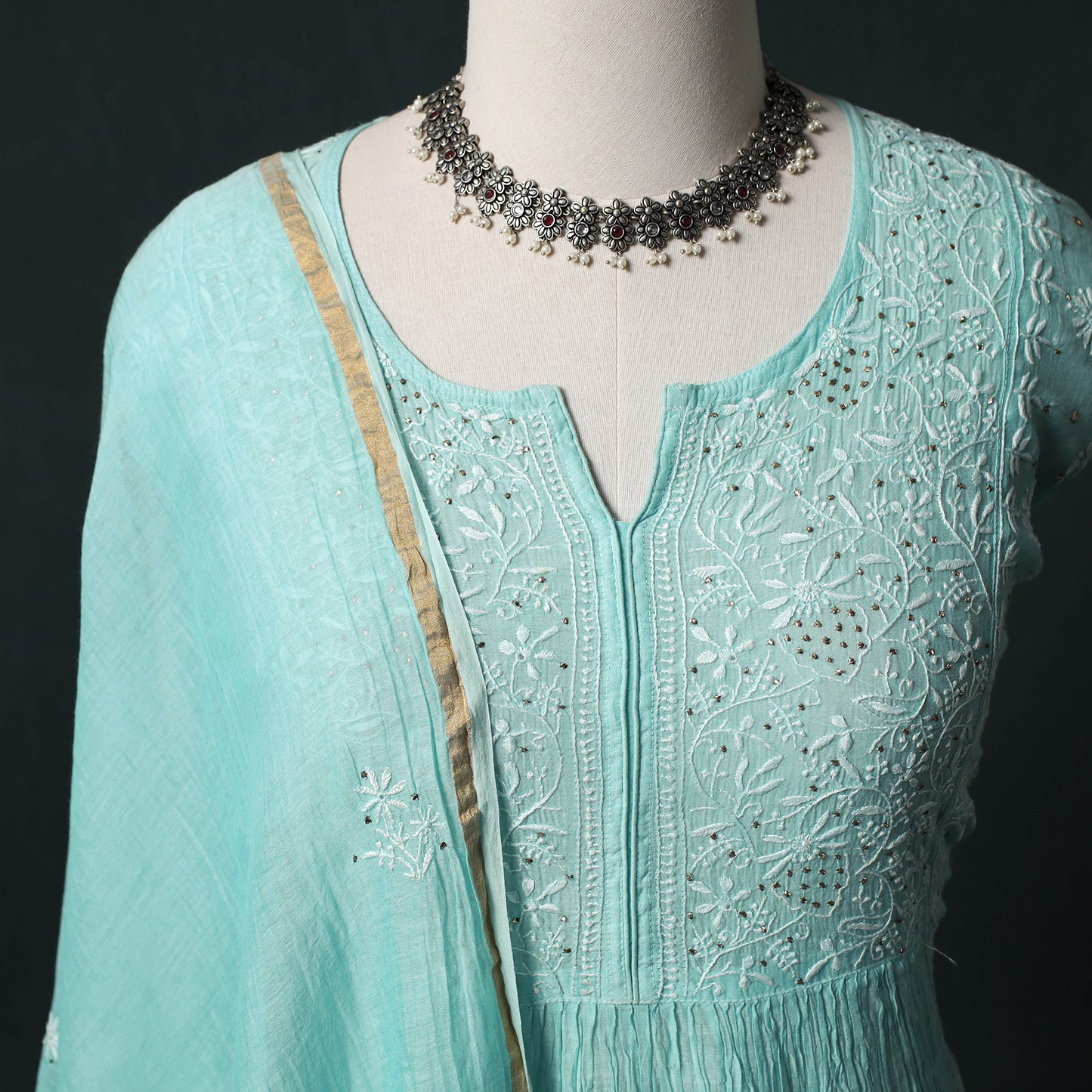 Mul Chanderi Semi Stitched Mukaish Work Hand Embroidered 2pc Anarkali Chikankari Kurta Set 08