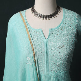 Mul Chanderi Semi Stitched Mukaish Work Hand Embroidered 2pc Anarkali Chikankari Kurta Set 08