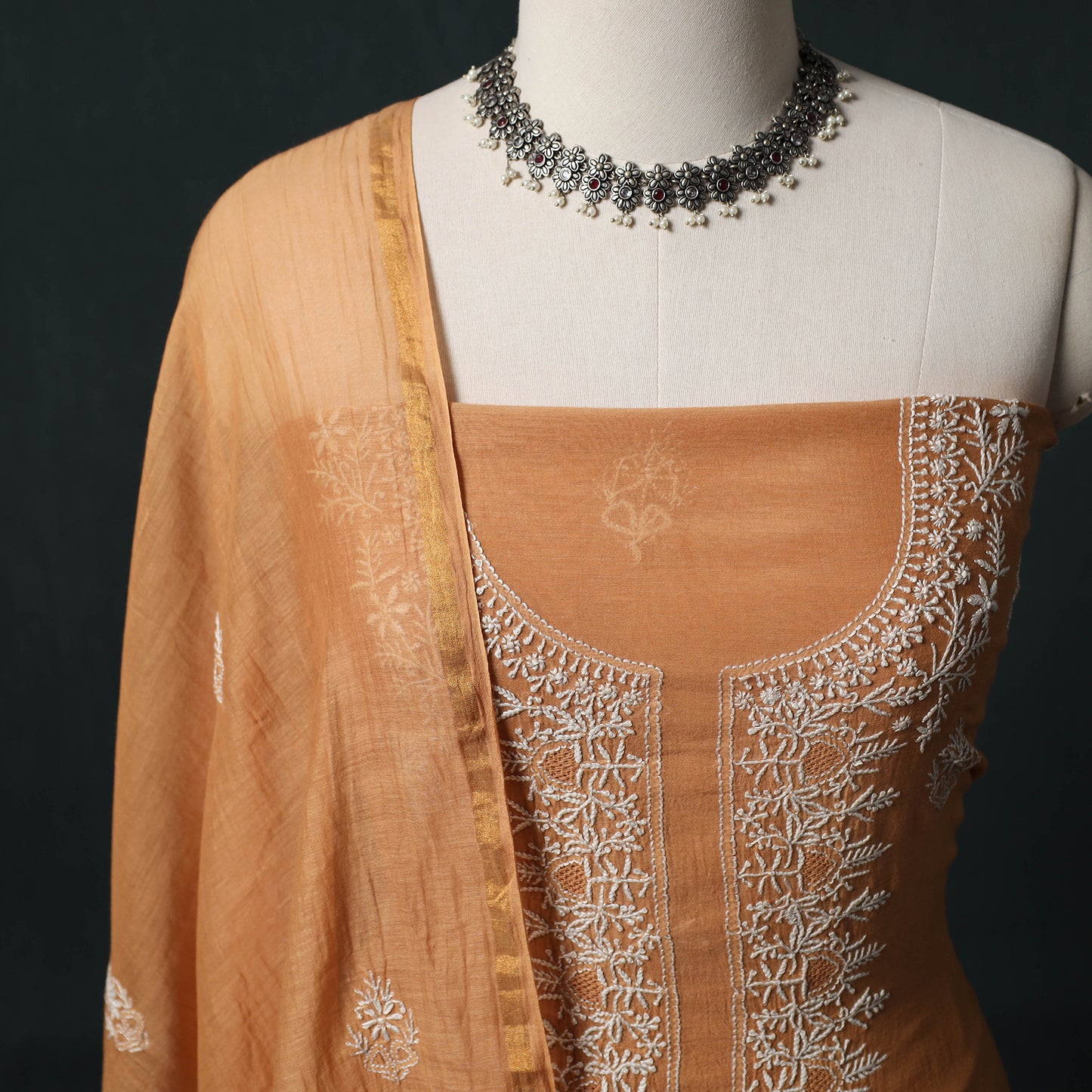 Mul Chanderi Semi Stitched Hand Embroidered 2pc Chikankari Kurta Set 07