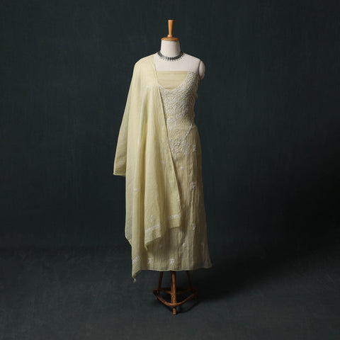 Mul Chanderi Semi Stitched Hand Embroidered 2pc Chikankari Kurta Set 06