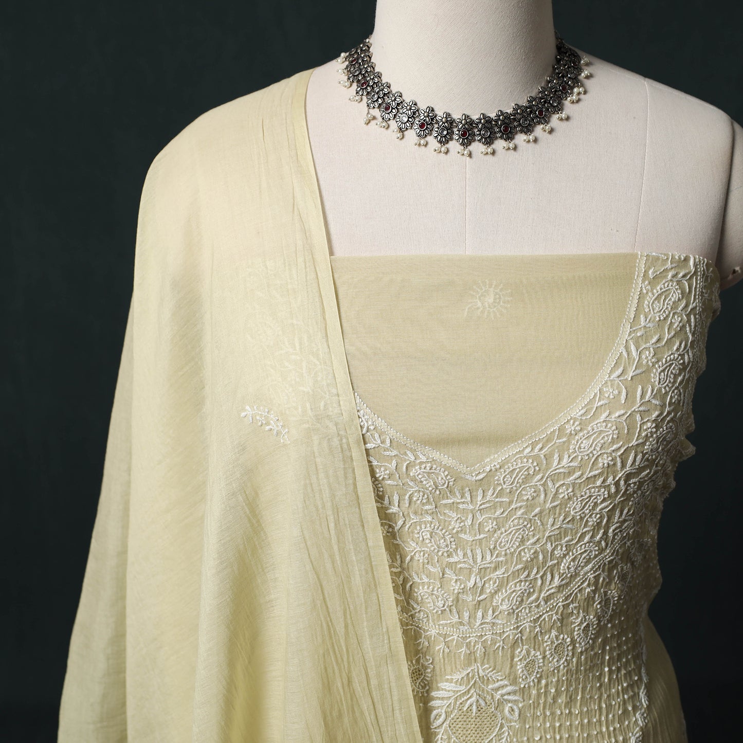 Mul Chanderi Semi Stitched Hand Embroidered 2pc Chikankari Kurta Set 06