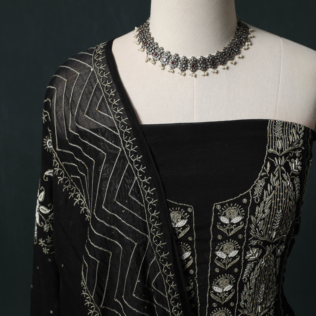 Mul Chanderi Semi Stitched Heavy Hand Embroidered Beadwork 2pc Chikankari Kurta Set 11