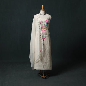 Mul Chanderi Unstitched Hand Embroidered Beadwork Parsi Style 2pc Chikankari Kurta Set 10