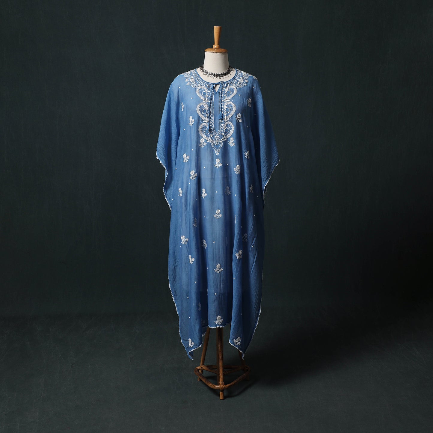 Mul Chanderi Chikankari Hand Embroidered Beadwork Semi Stitched Kaftan (Long) 12