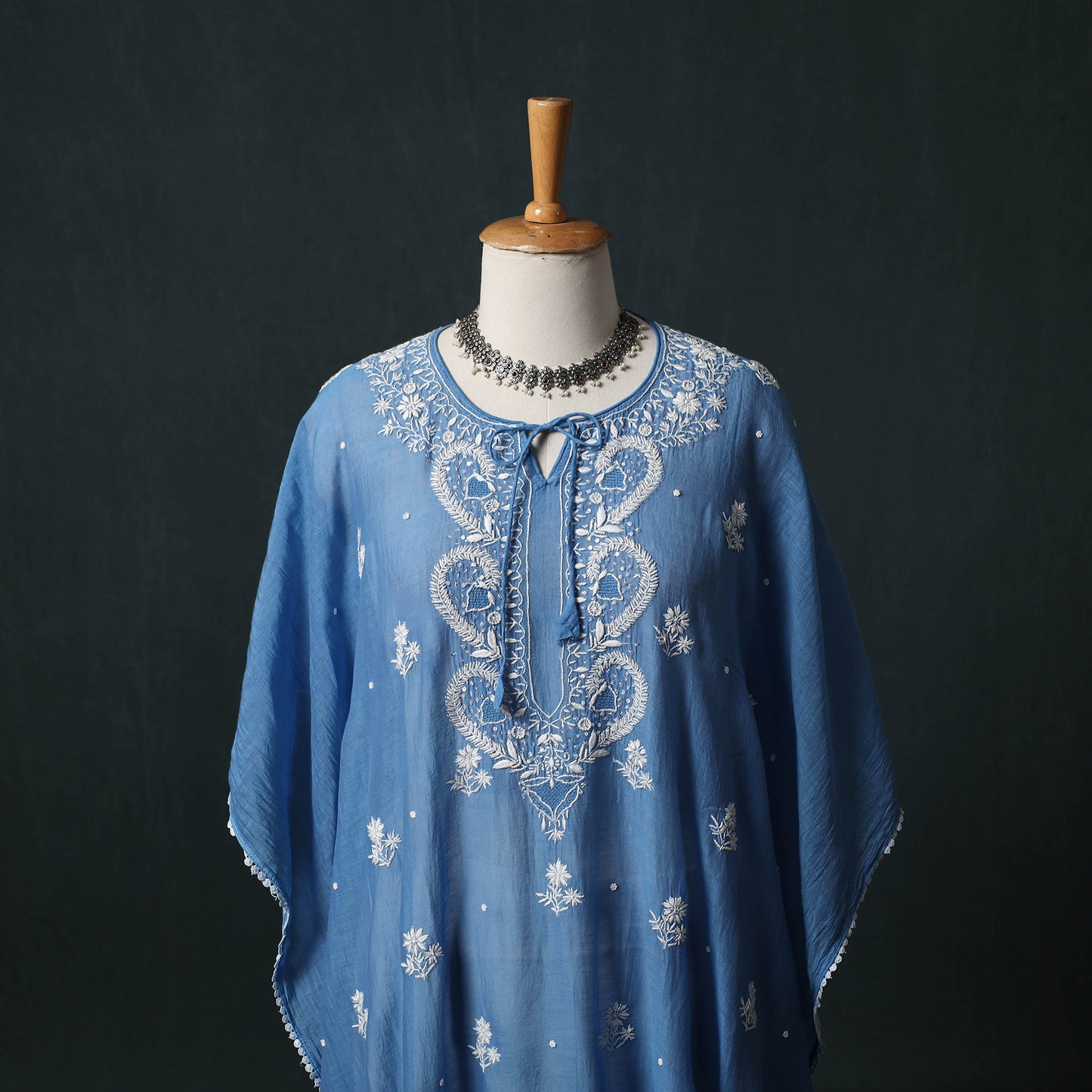 Mul Chanderi Chikankari Hand Embroidered Beadwork Semi Stitched Kaftan (Long) 12