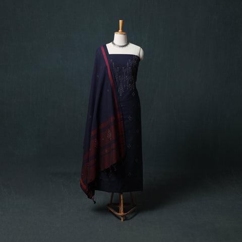 Blue - Handwoven Tangaliya Cotton 3pc Unstitched Dress Material Suit Set 03
