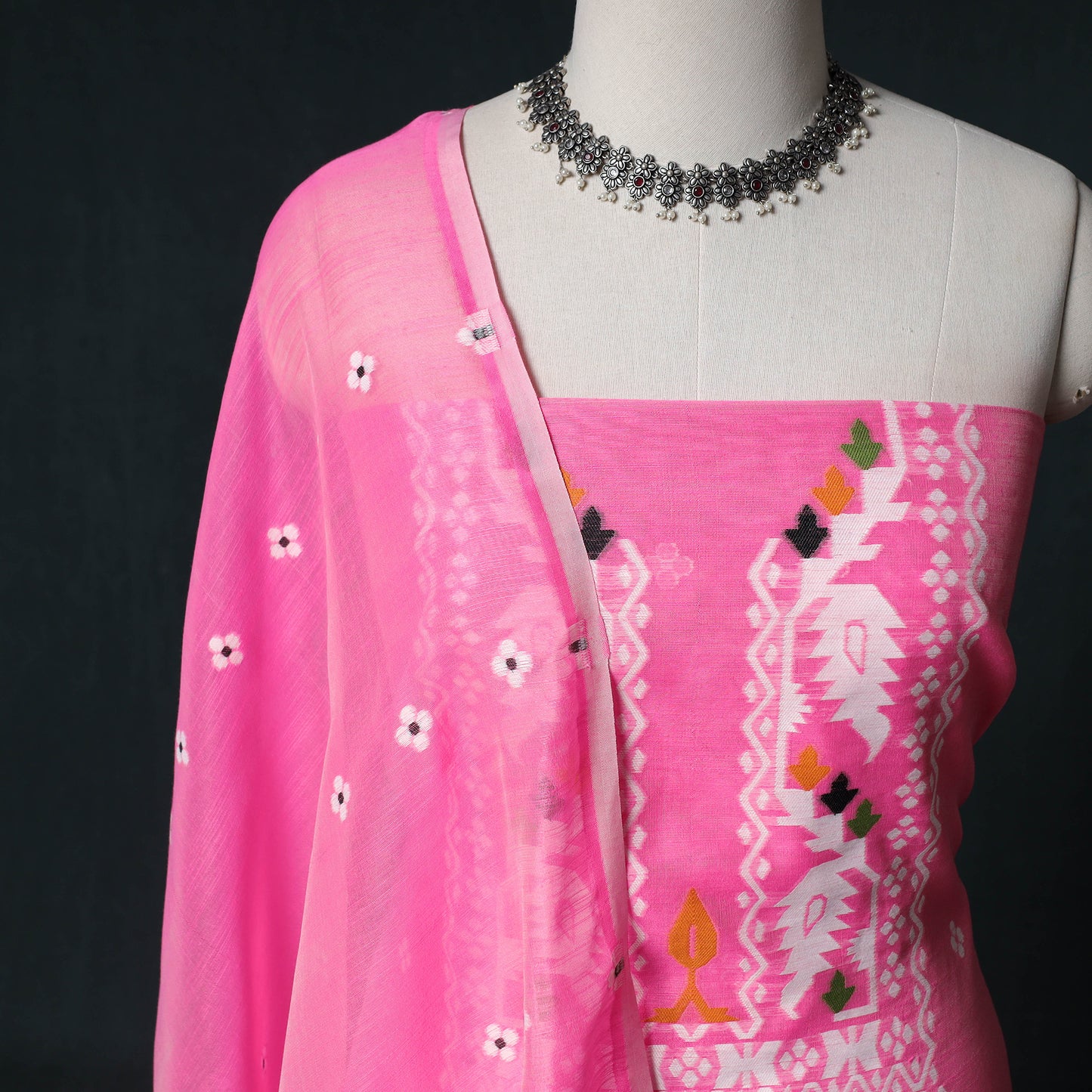 Phulia Jamdani Silk Cotton 2pc Unstitched Dress Material Kurta Set 03