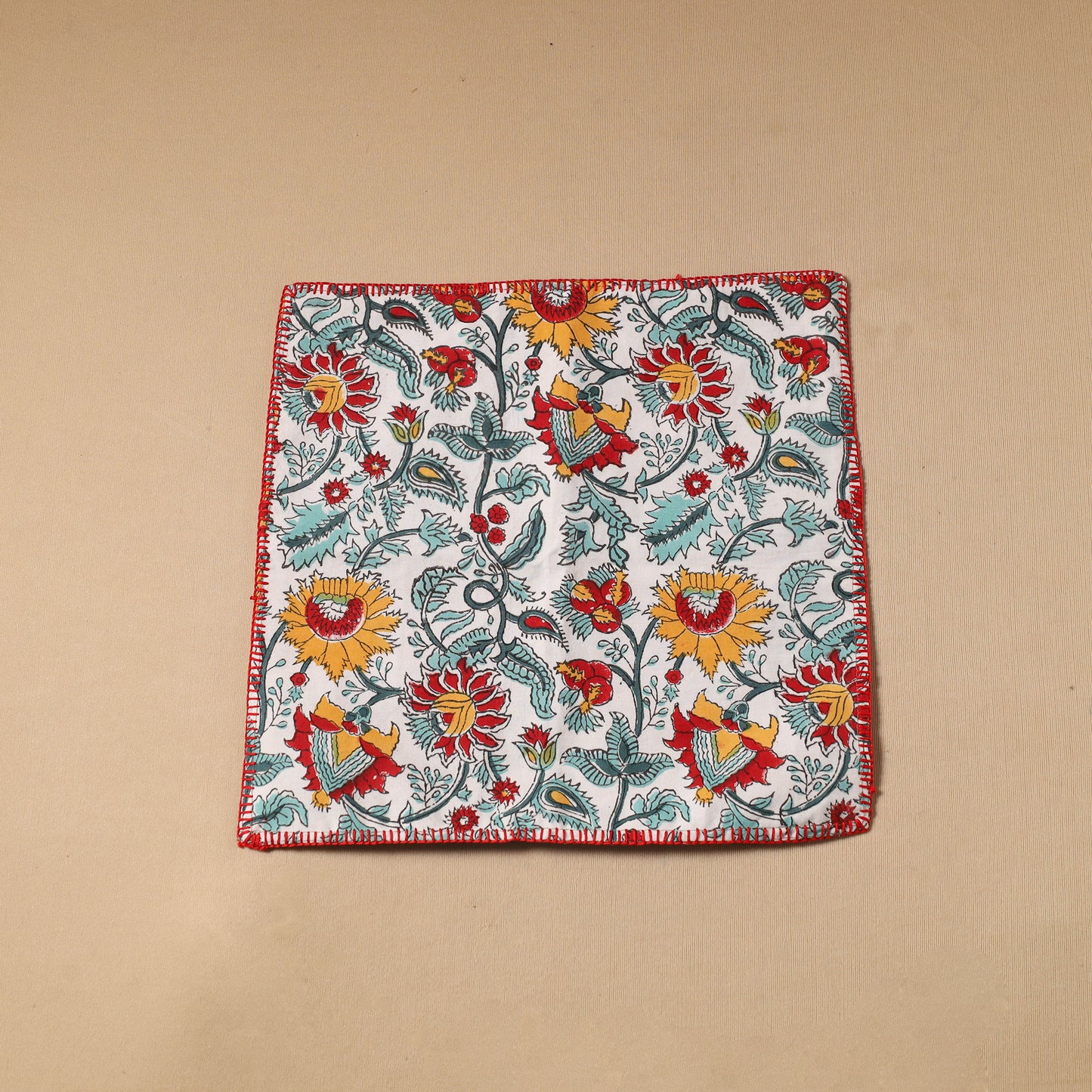 Floral Block Print Cotton Hand Embroidery Table Napkin 08