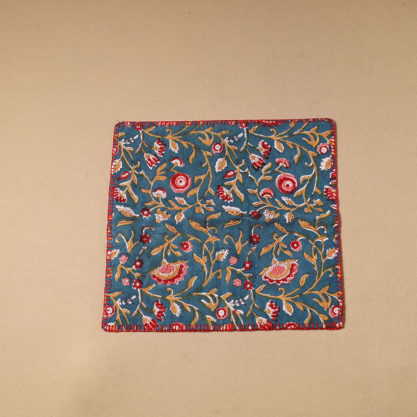 Floral Block Print Cotton Hand Embroidery Table Napkin 05