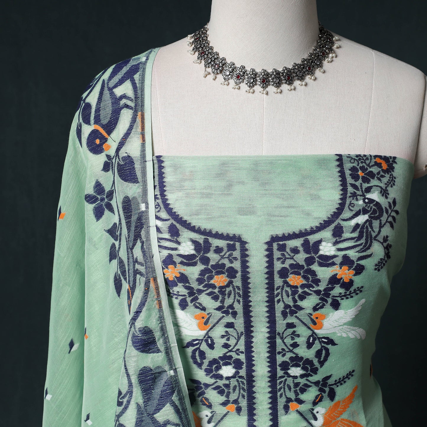 Phulia Jamdani Silk Cotton 2pc Unstitched Dress Material Kurta Set 14