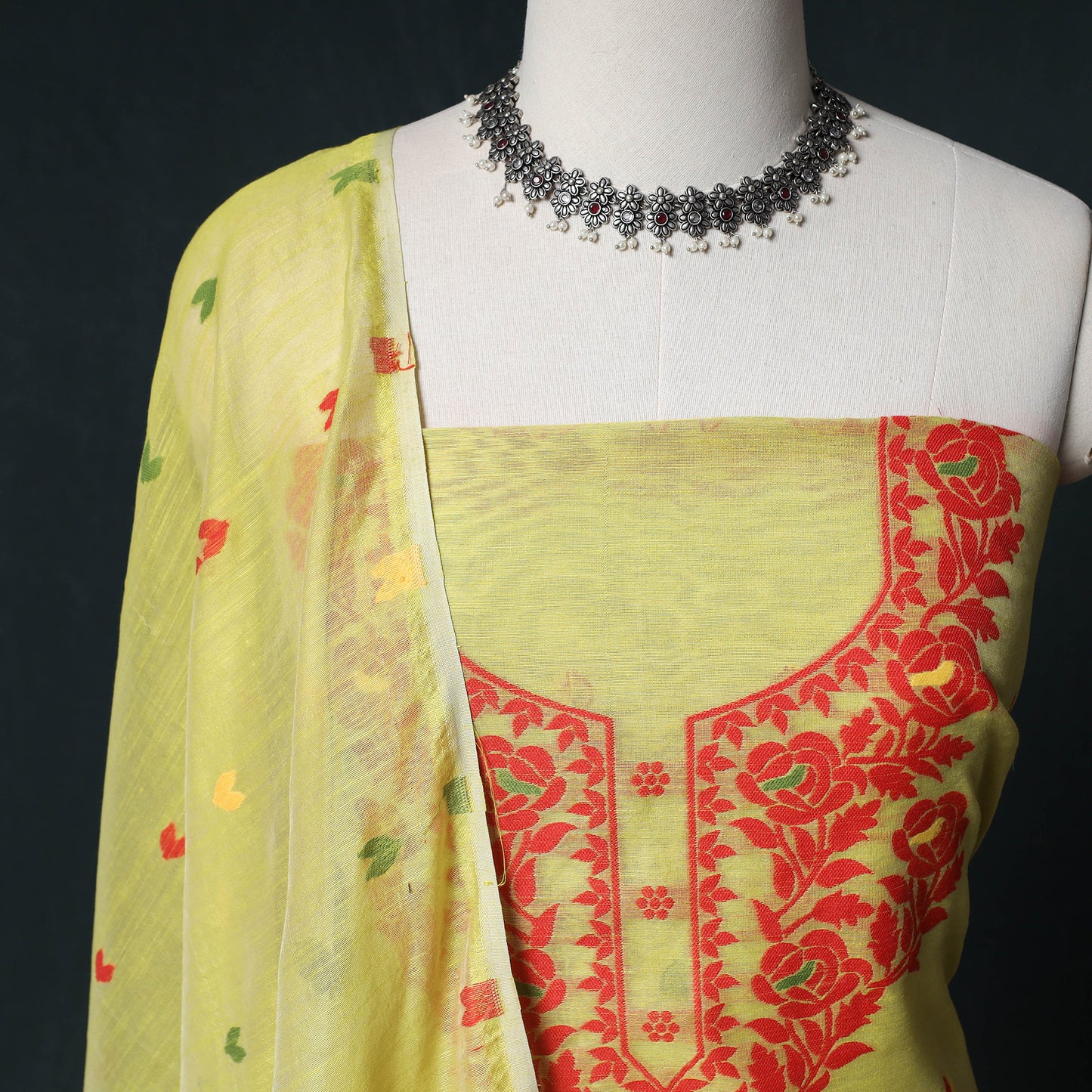 Phulia Jamdani Silk Cotton 2pc Unstitched Dress Material Kurta Set 16