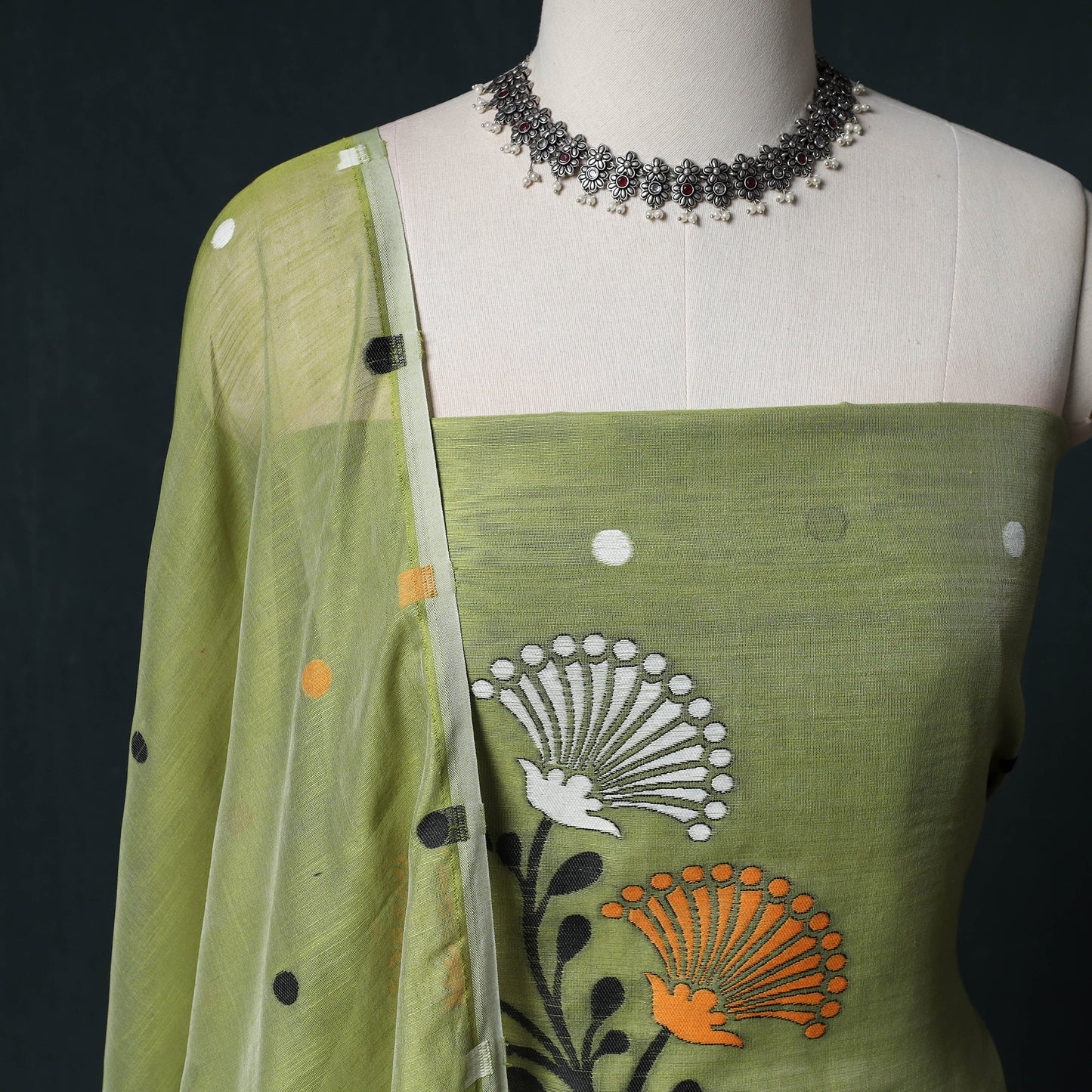 Phulia Jamdani Silk Cotton 2pc Unstitched Dress Material Kurta Set 18
