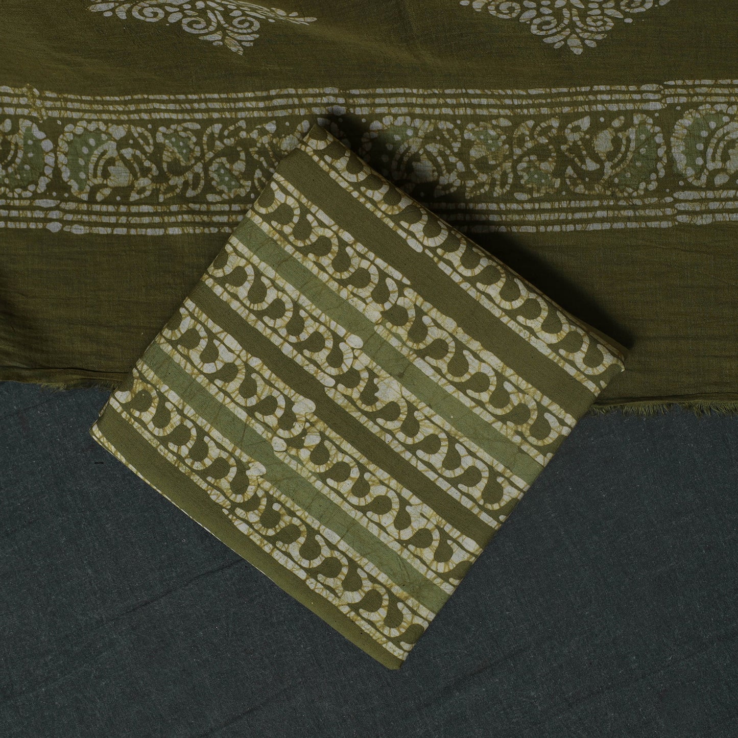 Kutch Hand Block Batik Print Cotton 3pc Unstitched Dress Material Suit Set 01