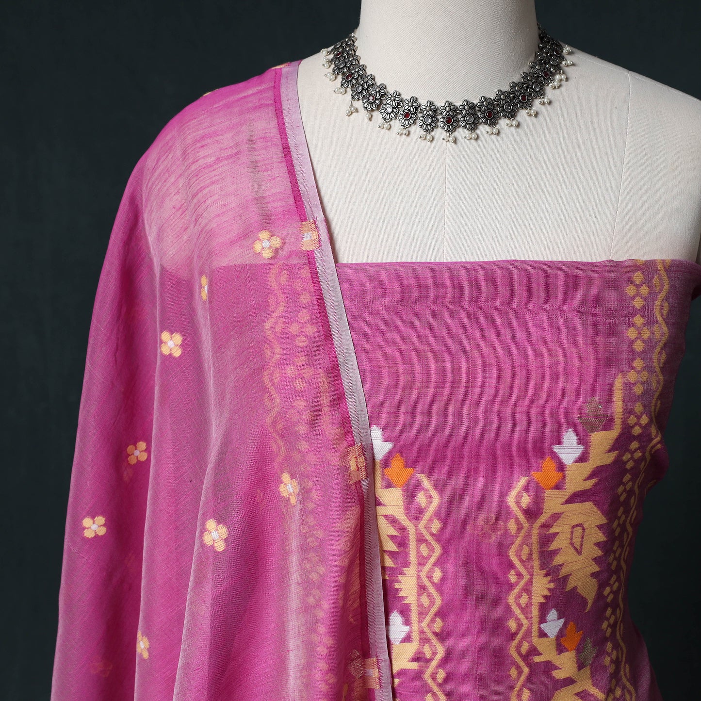 Phulia Jamdani Silk Cotton 2pc Unstitched Dress Material Kurta Set 23