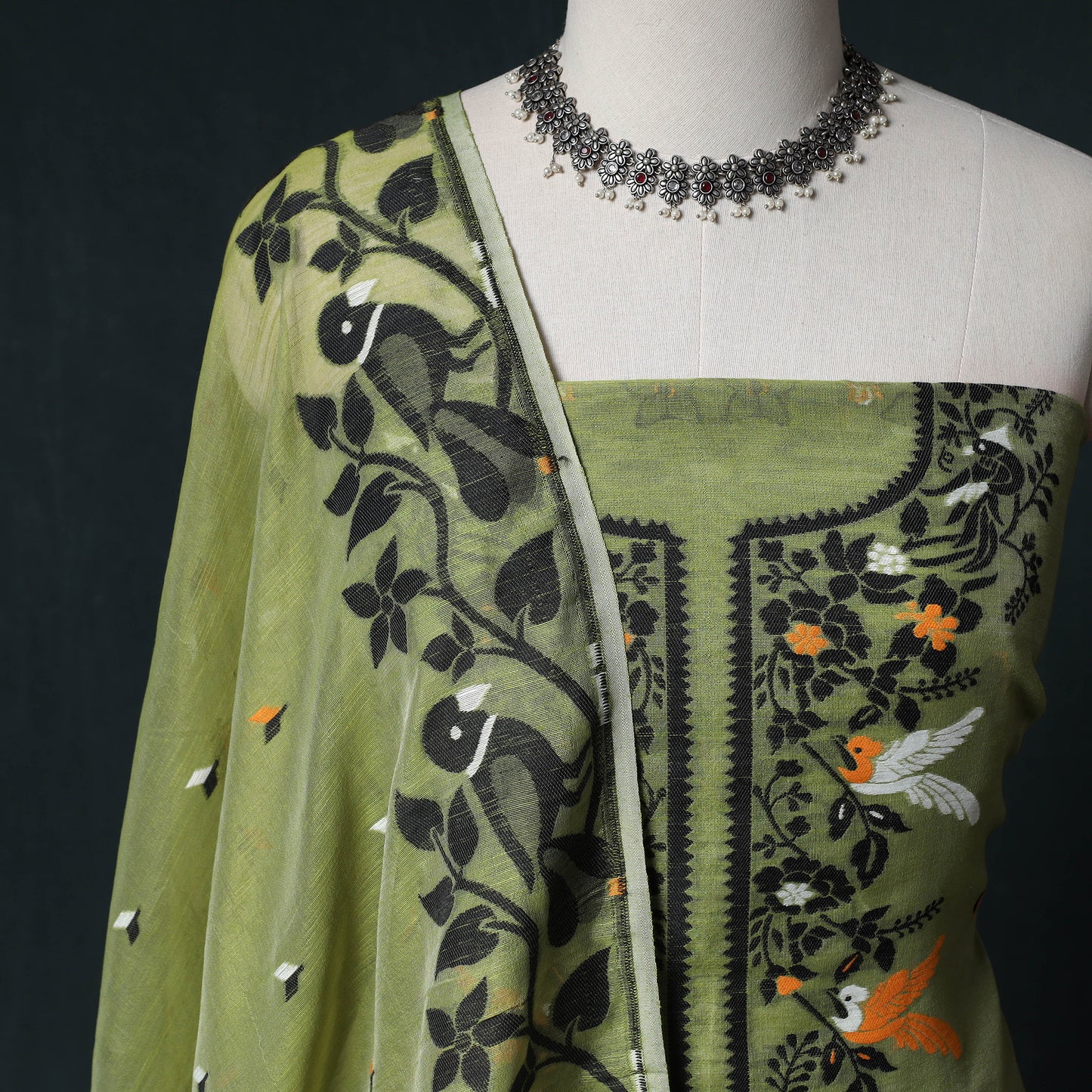 Phulia Jamdani Silk Cotton 2pc Unstitched Dress Material Kurta Set 25