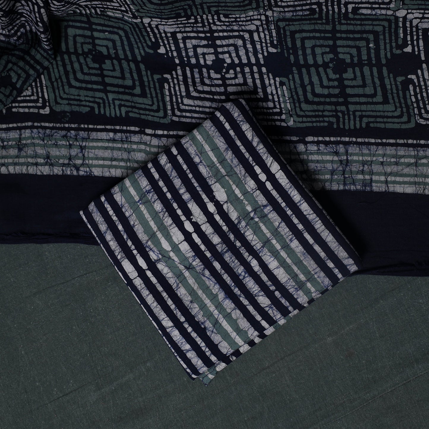 Kutch Hand Block Batik Print Cotton 3pc Unstitched Dress Material Suit Set 10