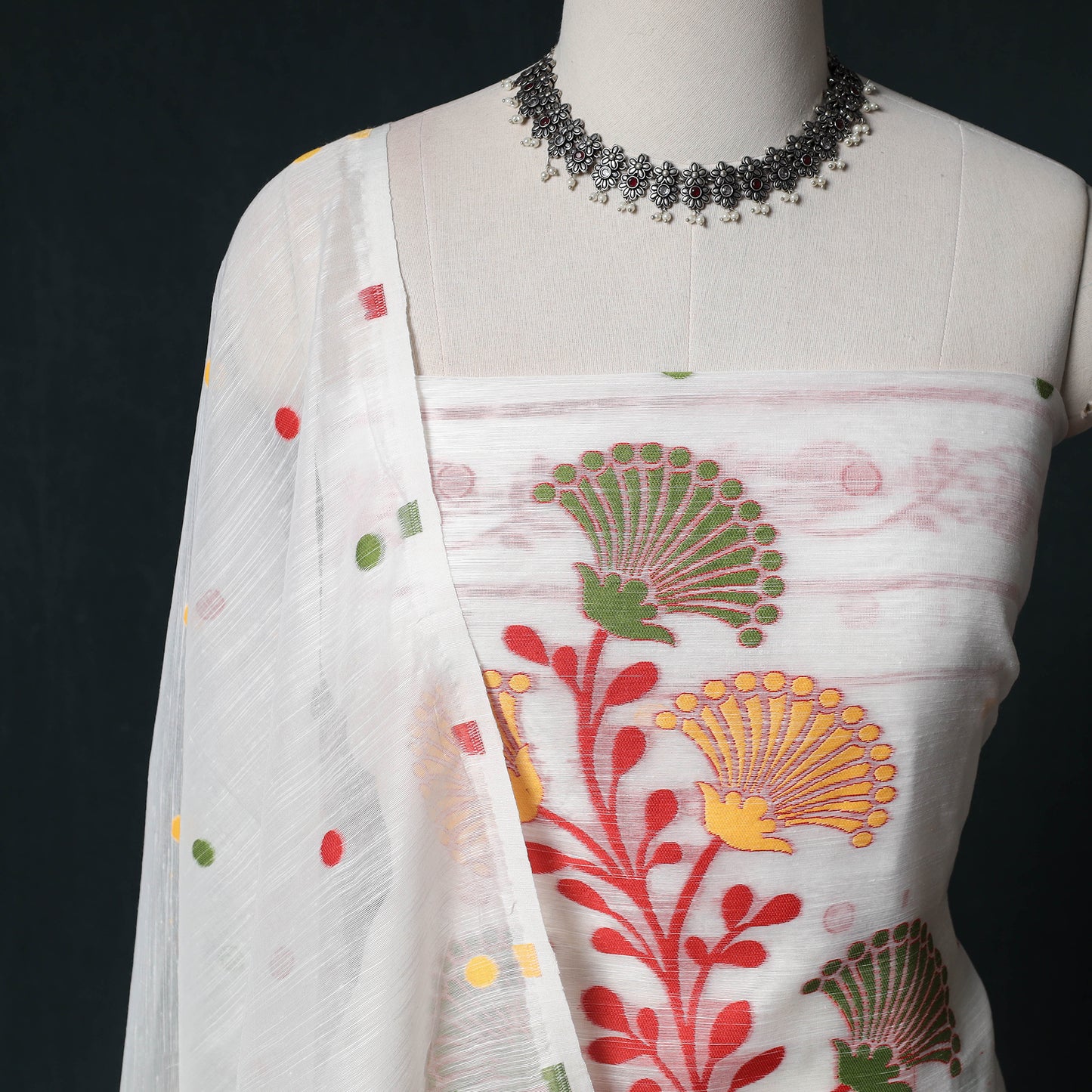 Phulia Jamdani Silk Cotton 2pc Unstitched Dress Material Kurta Set 35