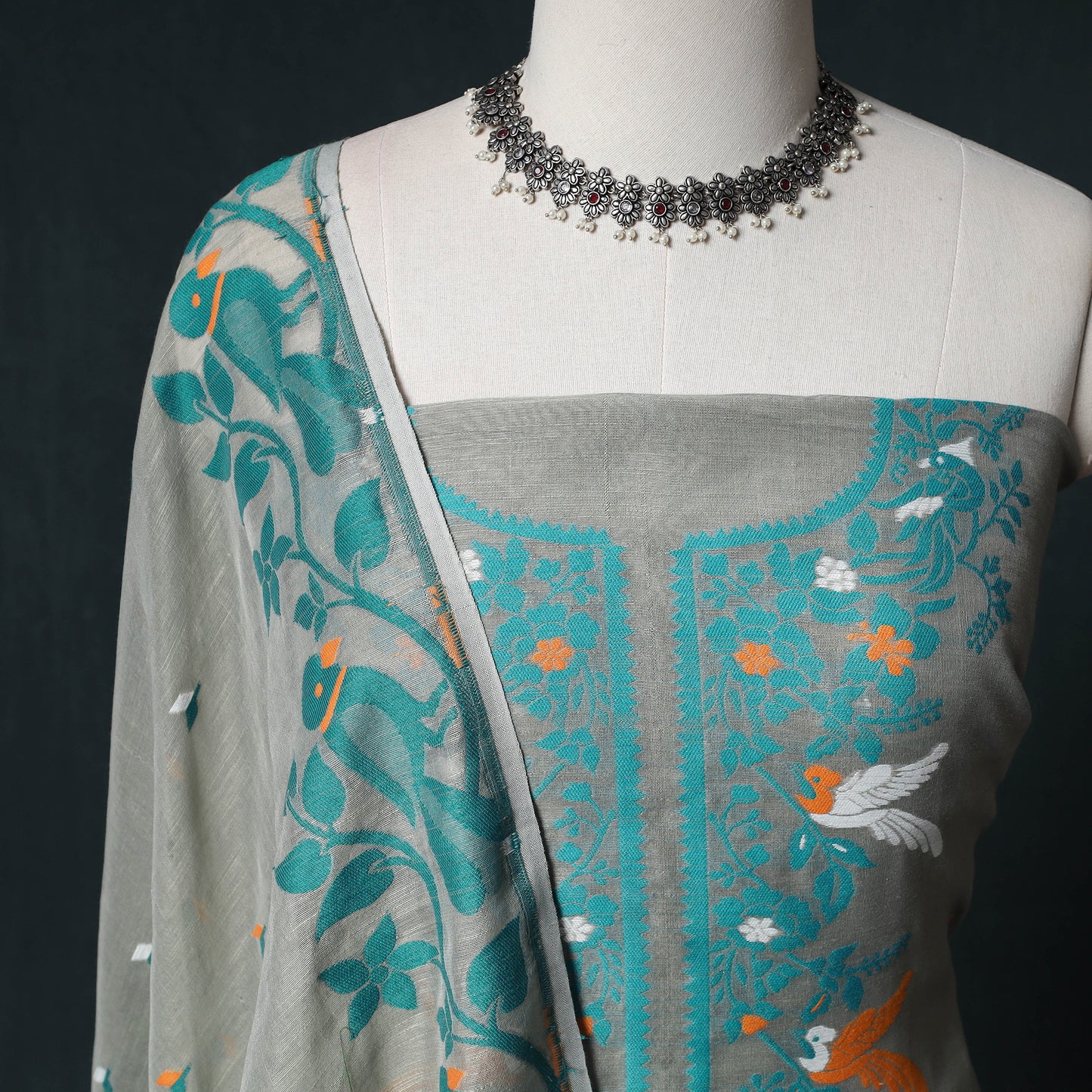 Phulia Jamdani Silk Cotton 2pc Unstitched Dress Material Kurta Set 38