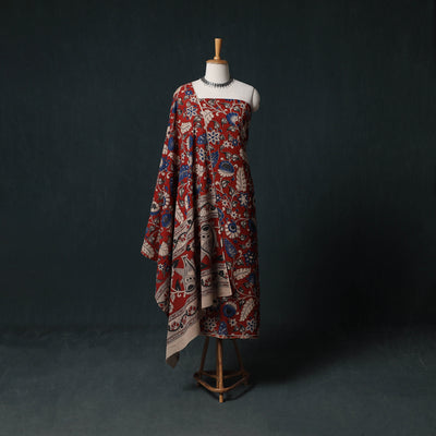 Red - Kalamkari Printed Cotton Unstitched Dress Material Kurta with Dupatta Set 01