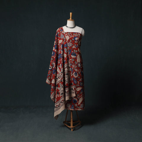 Red - Kalamkari Printed Cotton Unstitched Dress Material Kurta with Dupatta Set 01