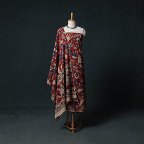 Red - Kalamkari Printed Cotton Unstitched Dress Material Kurta with Dupatta Set 01