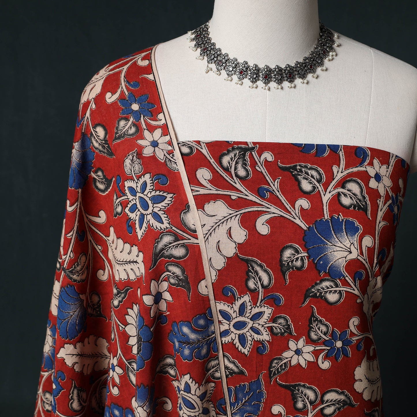 Red - Kalamkari Printed Cotton Unstitched Dress Material Kurta with Dupatta Set 01